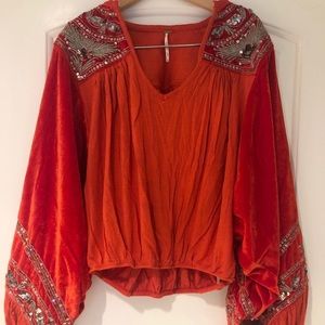 Free People Orange and Red Embellished Blouse